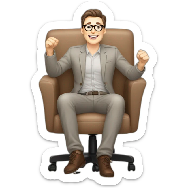 Joyful Celebrating victory Hands up Pale skinned Fit Man With dark brown hair in gray jacket, beige office shirt, Brown pants and vintage glasses sitting In a soft chair sticker