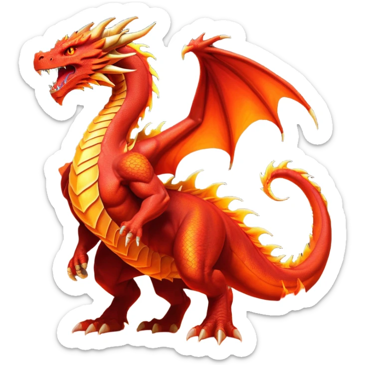 cinematic-noble-fierce-fire-dragon-full body-emoji,-poised-and-imposing,-with-a-muscular,-scaled-body-ablaze-in-fiery-hues-of-crimson,-molten-orange,-and-molten-gold,-and-intense,-burning-eyes-that-mirror-the-heart-of-a-volcano;-rendered in detail sticker