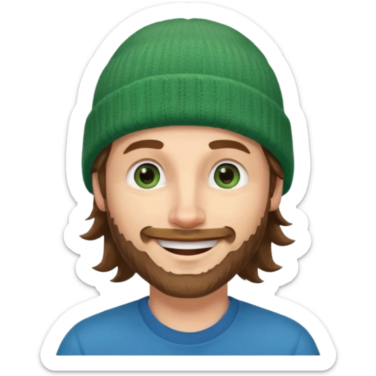 white man
aged 40,
Blue eyes, 
mid length brown wavy hair,
Green beanie hat,
Stubble
Smiling and winking sticker