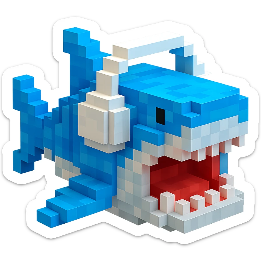 voxel style shark with white headphones, open mouth, blocky, blue and silver, no background sticker