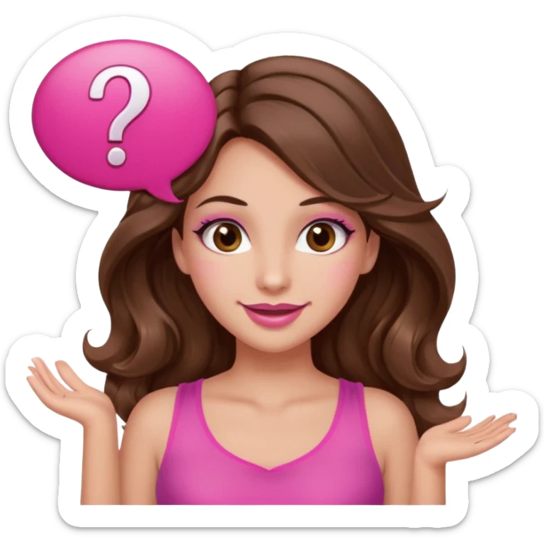 girl with long wavy brown hair, brown eyes, long lashes makeup, sexy pink lips, light to medium complexion, wearing a pink sexy top, shugging, smiling, question mark one speech bubble sticker