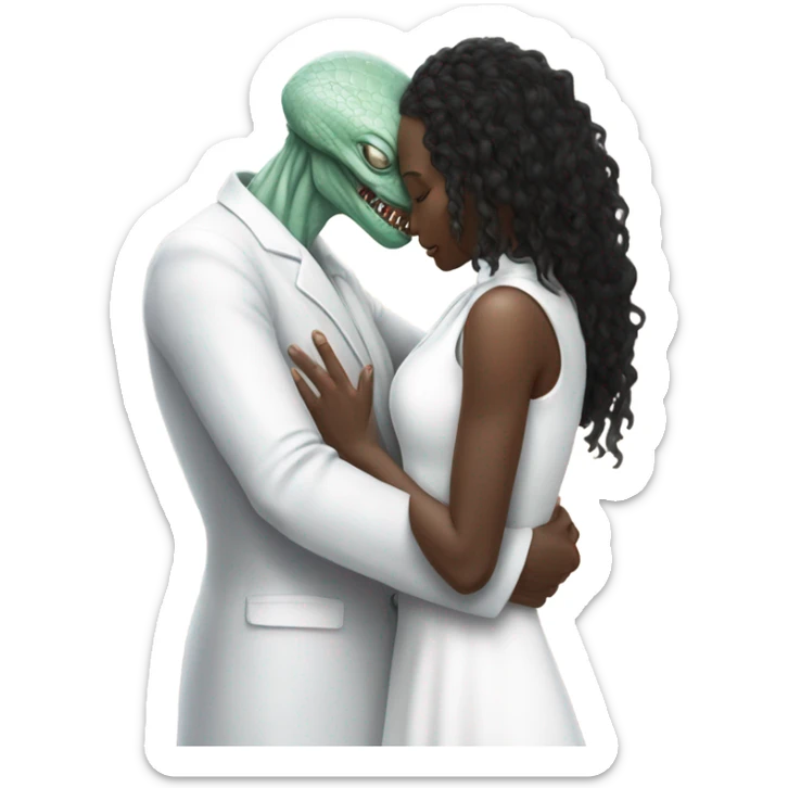 Alien reptilian woman in white dress hugs and kissing "white male human man" sticker