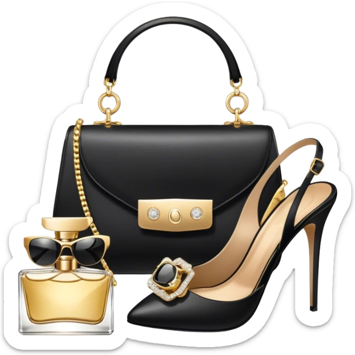 A photorealistic icon featuring luxurious fashion accessories like a high-end handbag, elegant high heels, a sparkling diamond necklace and a stylish pair of sunglasses. The design includes gold accents, purfume, and glamorous textures, fashion, and VIP luxury. Transparent background sticker