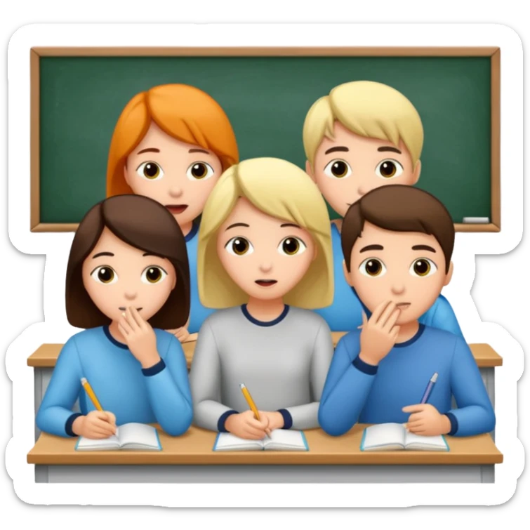 a group of students of both genders (boy and girl) talking quietly in a classroom sticker