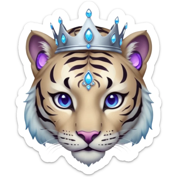 ESO Female white/black tiger khajiit leader of the umbral rose, glowing blue eyes, glowing blue 'third eye' gem, silver crown/tiara with purple gems sticker