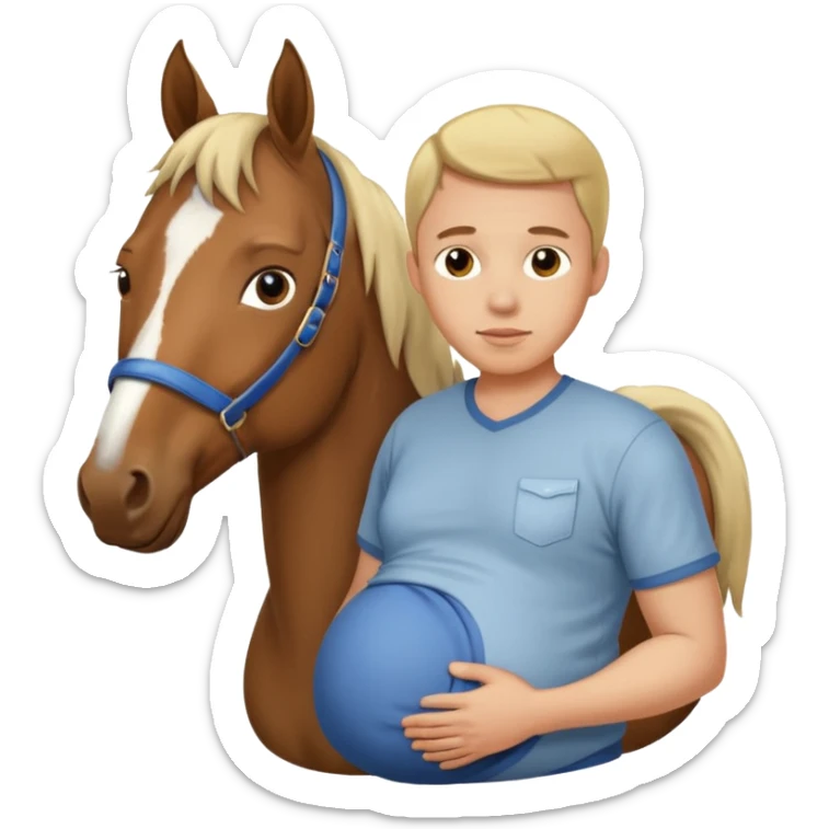pregnant man in casual wear near horse sticker