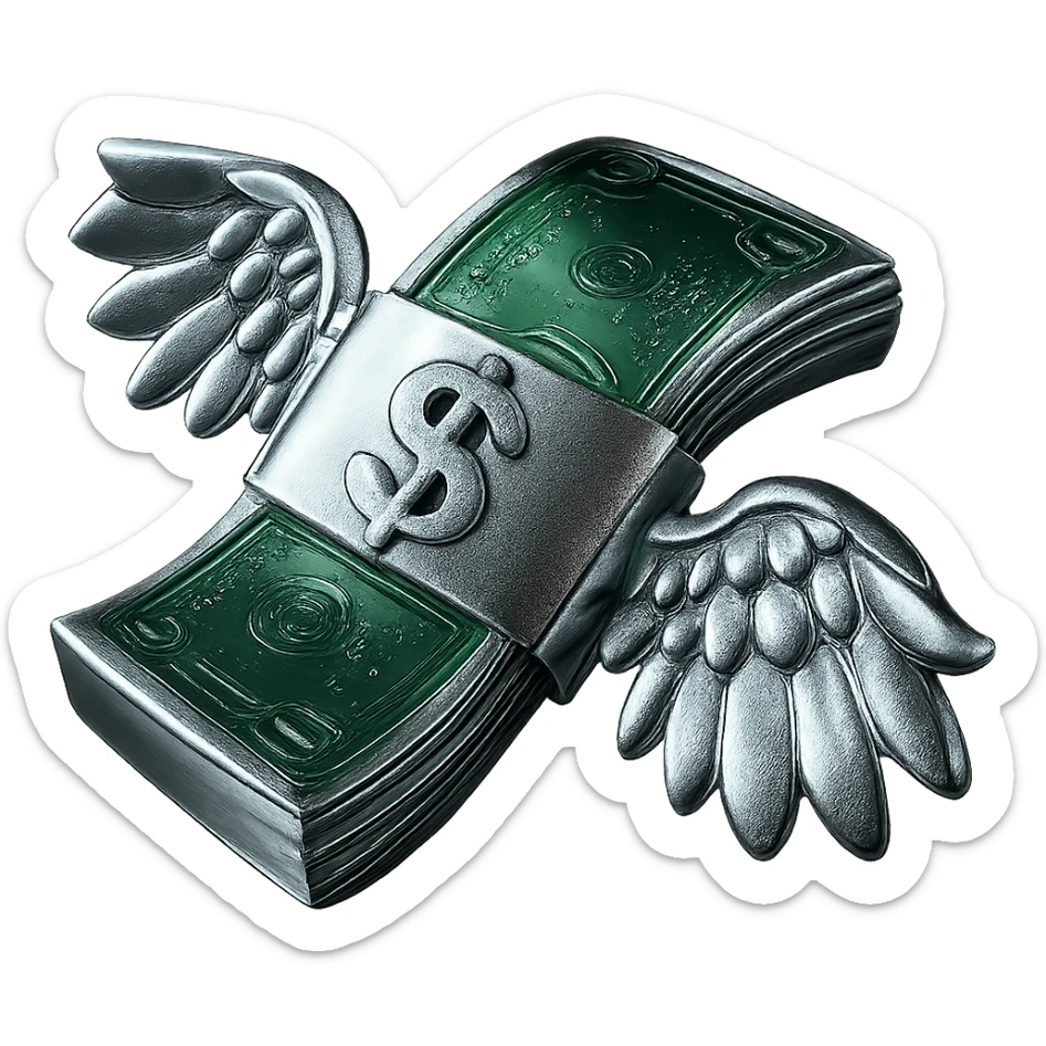 Make the money green and shiny, keep the wings and all other areas chrome and metallic, no background. sticker