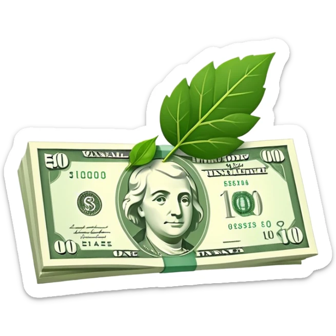 Minimal line-art icon of a money bill with a leaf symbol on the corner, clean modern style, simple outlines, slight 3D, no background, transparent, represents pure and ethical income. sticker