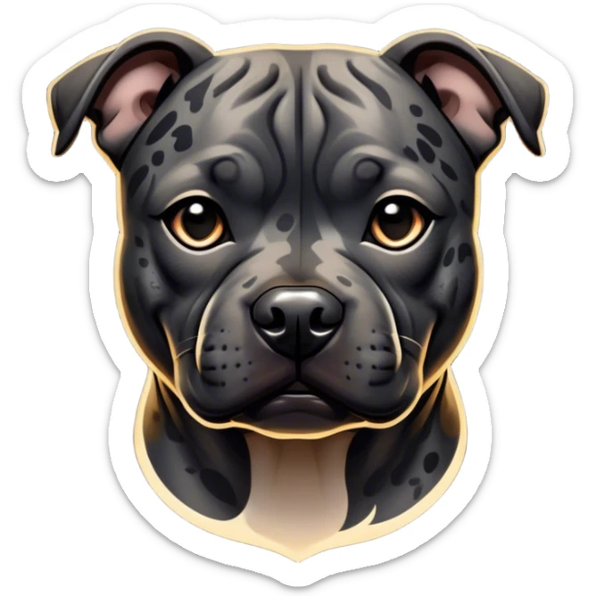 Cinematic Noble Black/Brindle Staffordshire Bull Terrier Portrait Emoji, Poised and regal, with a compact, muscular build and a sleek, well-groomed Fur featuring a striking mix of black and brindle patterns, deep-set soulful dark eyes, Simplified yet sharp and sophisticated features, highly detailed, glowing with a soft, dignified glow, high shine, intelligent and loyal, stylized with an air of strength, focused and attentive, soft glowing outline, capturing the essence of a watchful and confident guardian, so majestic it feels as though it could stride out of the screen with effortless authority! sticker
