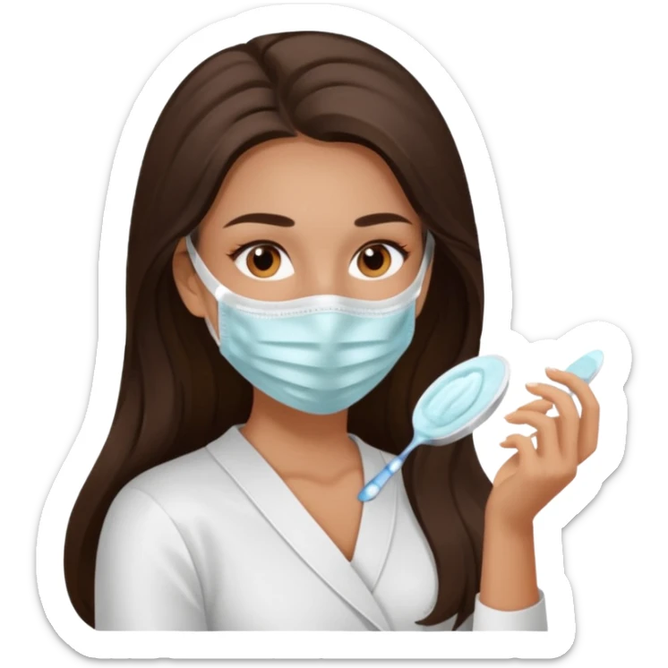 brunette girl with beautiful brown eyes and long hair, doing skincare, face mask sticker