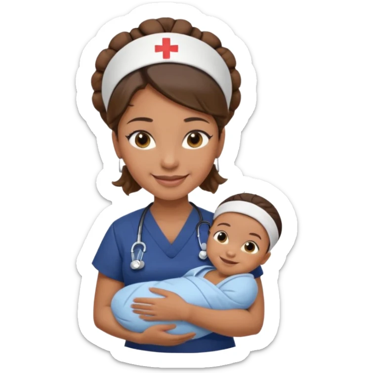 Female nurse smiling wearing no hat with her hair tied up in a roll on the top front of head with medium brown skin and brown eyes holding one new born with navy blue short sleeves sticker
