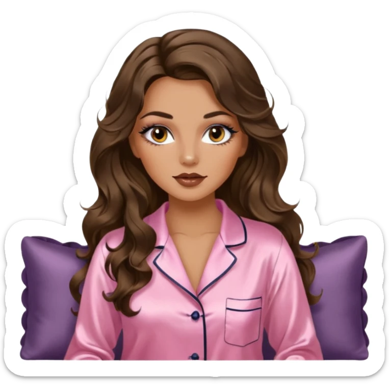 Woman with brunette hair light tanned skin reading on sofa. Long wavy hair. Beige ivory colours. Silk pyjamas. Realistic. Foxeye with lashes. Glamorous makeup sticker