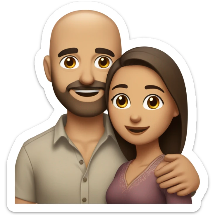 Brown-haired Puerto Rican woman with dark brown eyes wearing a cute blouse giving comforting hug to short, bald man with brown eyes, laugh lines, and a beard sticker
