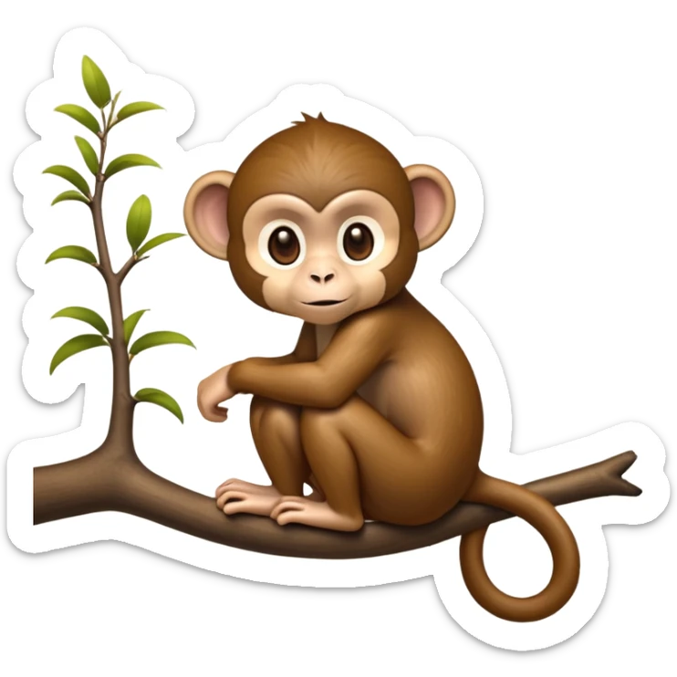 cinematic-monkey-realistic-full-body-sitting-emoji,-slim-agile-frame-poised-on-a-branch,-long-tail-curled-slightly,-head-tilted-dramatically,-warm-brown-fur-soft-and-fluffy,-bright-playful-eyes-exuding-mischief,-simplified-yet-realistic-focused-features,-highly-detailed,-glowing-with-an-almost-sarcastic-glow sticker