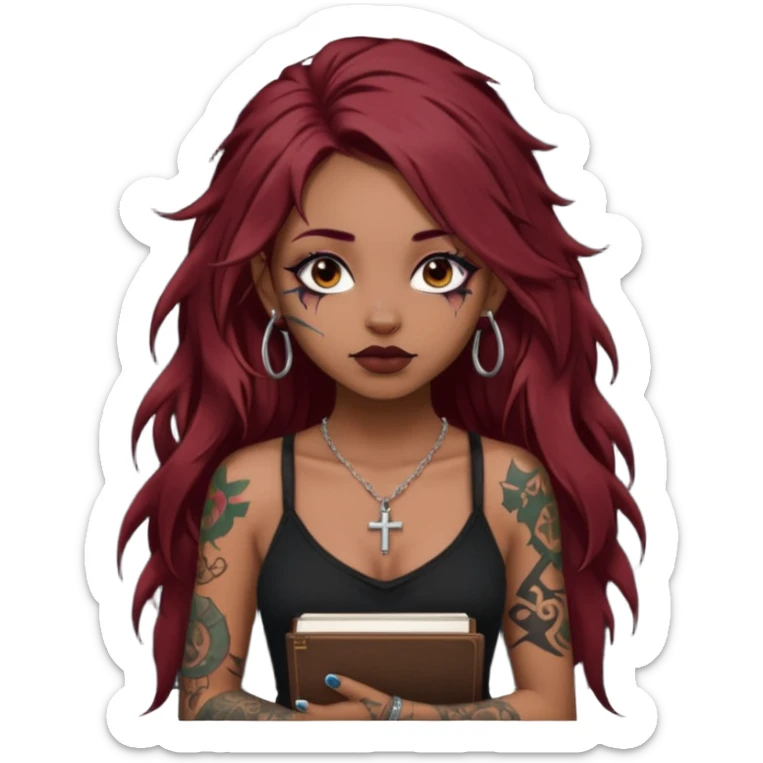 generate an ios genmoji of a dusky girl with long dark red messy hair with eyeliner on her eyes. septum piercing, wearing a cami black top, has tattoos, on shoulders. ear piercings. wearing a cross silver necklace. carrying a lot of sketchbooks sticker
