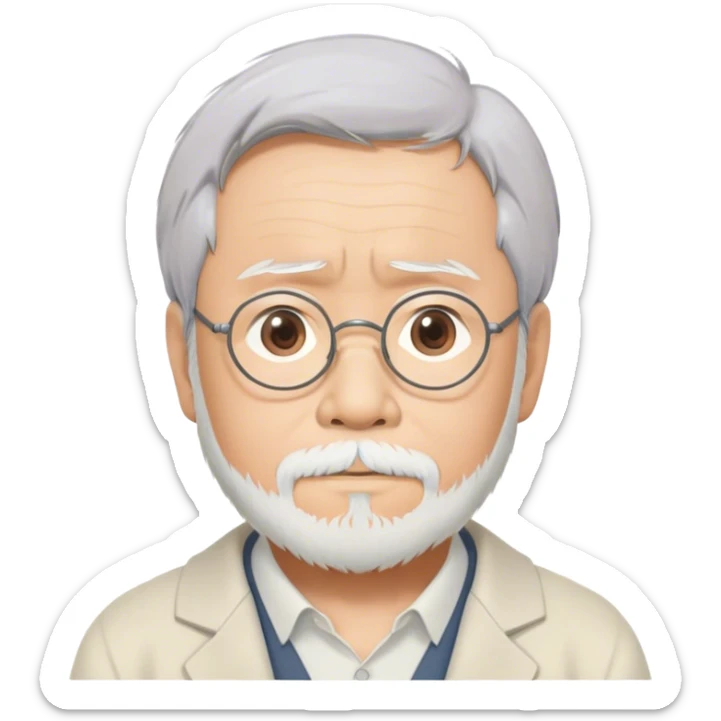 Cinematic Realistic Hayao Miyazaki Portrait Emoji, depicted as a visionary filmmaker with a gentle imaginative expression and artistic flair, rendered with delicate textures and soft enchanting lighting that captures his legendary storytelling. sticker