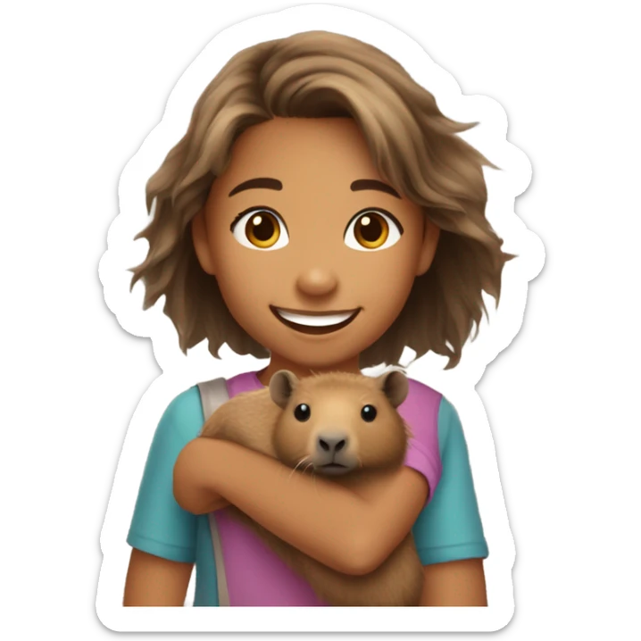 happy 10-year-old girl with kind of messy hair, smiling holding capybara sticker