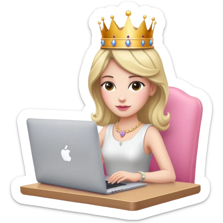 woman with crown on her head sat at the desk with MacBook and pink chair  sticker