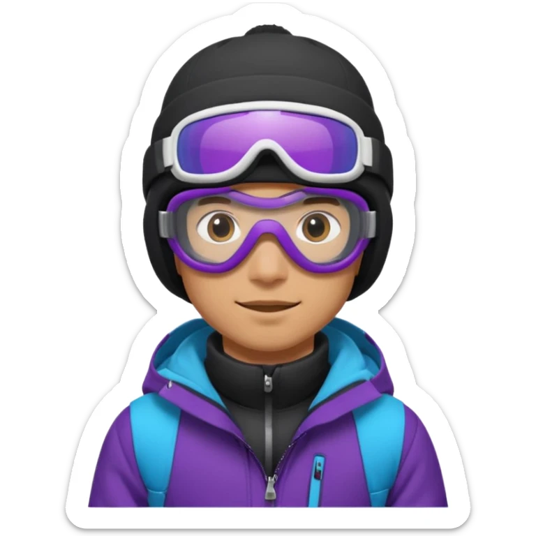 male Pro Snowboarder with white beanie, ONE pair of purple and blue frameless goggles and a black jacket sticker