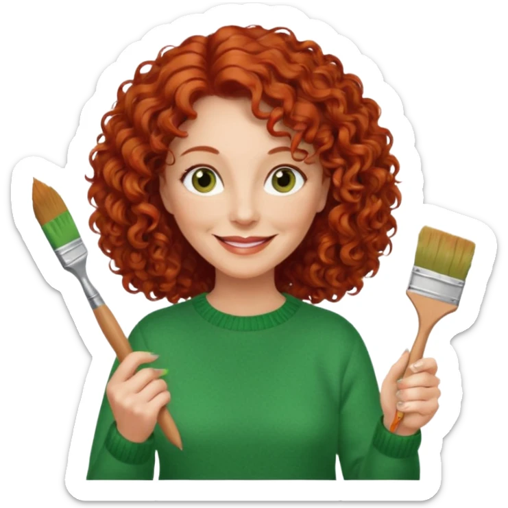 FEMME FRISÉ 60 ANS CHEVEUX ROUX FRISÉ SEMI LONG SOURIANTE AVEC CHANDAIL VERT YEUX BRUN ET UN PINCEAU À LA MAIN LA MAIN AVEC 5 DOIGT SEULEMENT  sticker