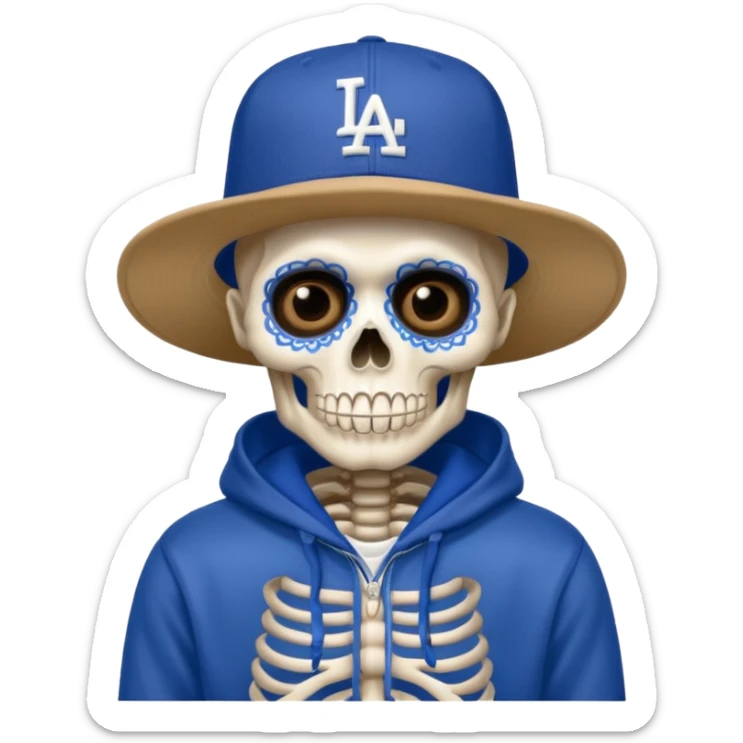 Esqueleto de día de muertos vistiendo una new era de los Dodgers y una hoodie azul  sticker