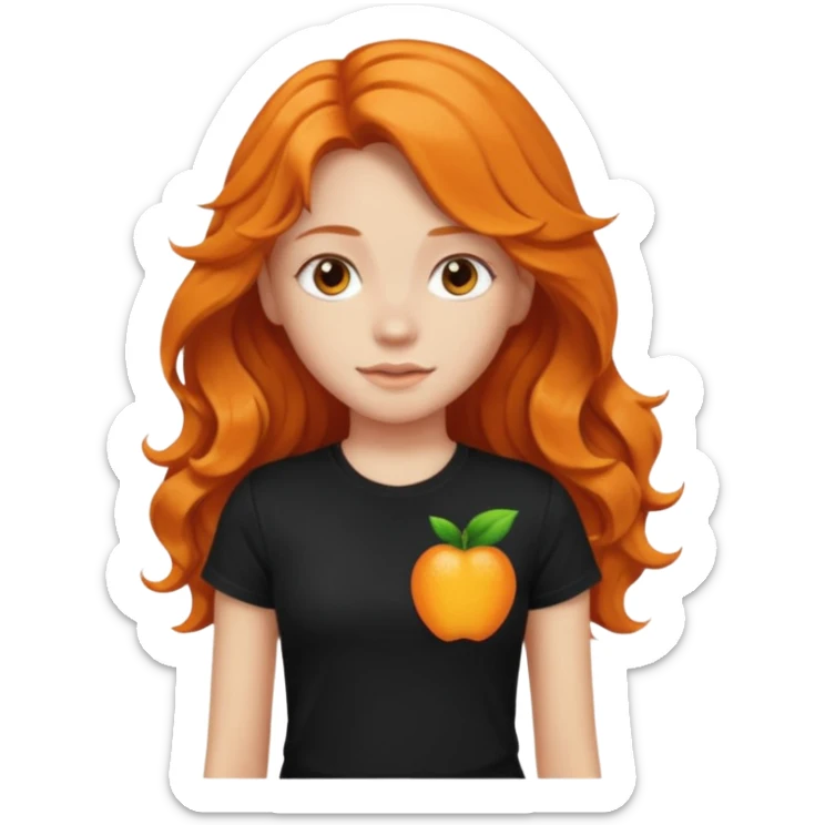 Girl with long orange wavy hair and black t-shirt with cutout sticker