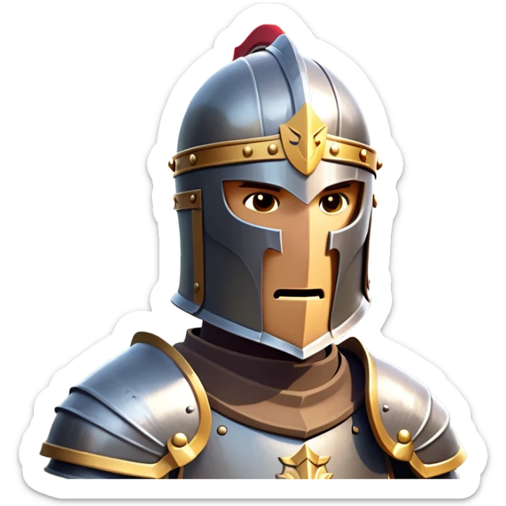 clash-of-clans-aesthetic_-cinematic-fearsome-and-majestic-knight-bust-portrait-emoji, rendered in a flat, vector-style with minimal shading and bold, simplified shapes, depicting a battle-ready medieval knight with steely eyes and intricate armor, mounted on a warhorse reflecting sunlight over a misty battlefield. sticker