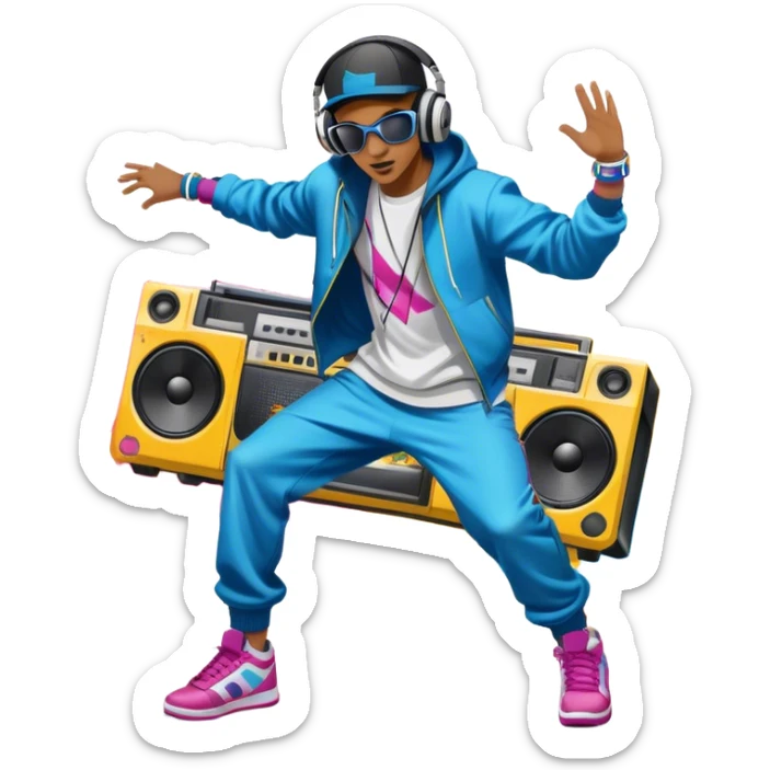 Icon for Street Dance: a dancer in urban streetwear performing a dynamic lower breakdance move, with a spray-painted background, headphones, and a boombox on the asphalt. The icon should capture the energy, style, and creativity of street dance culture. Transparent background. sticker