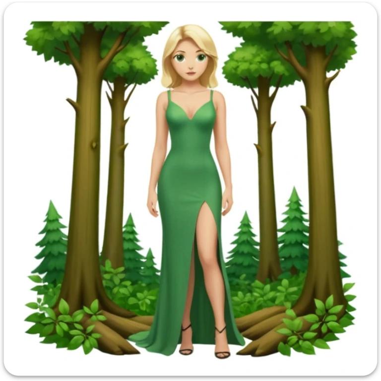 Queen, crown, blonde hair, green eyes, long green tight dress, decoltee,  Leg slit, whole Body, Background forest  sticker