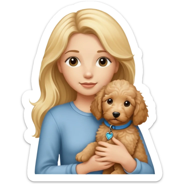 blonde girl with long hair holding tan goldendoodle puppy sticker