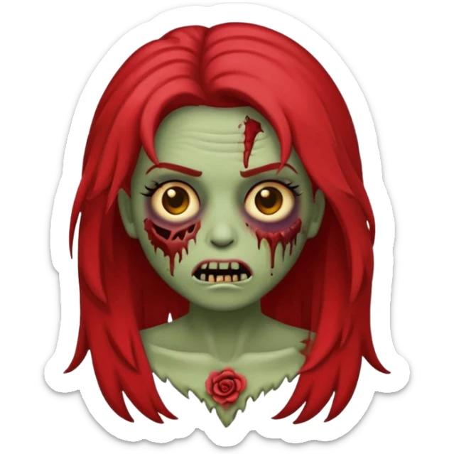 Emoji zombie feminino estilo iPhone com cabelo cacheado volumoso vermelho  sticker