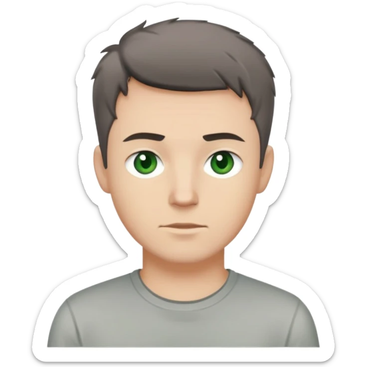 white man with dark messy short hair, dark green eyes, wearing a gray t-shirt sticker