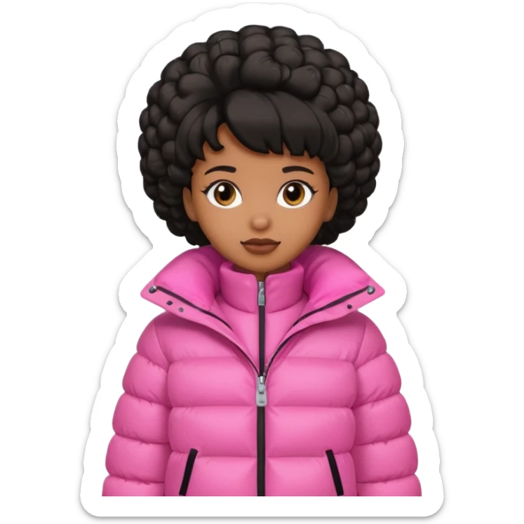 A brown skin  skinned girl that’s has puffy black hair with her hair up in a puffy hairstyle and skinny and wears a pink puffer coat sticker