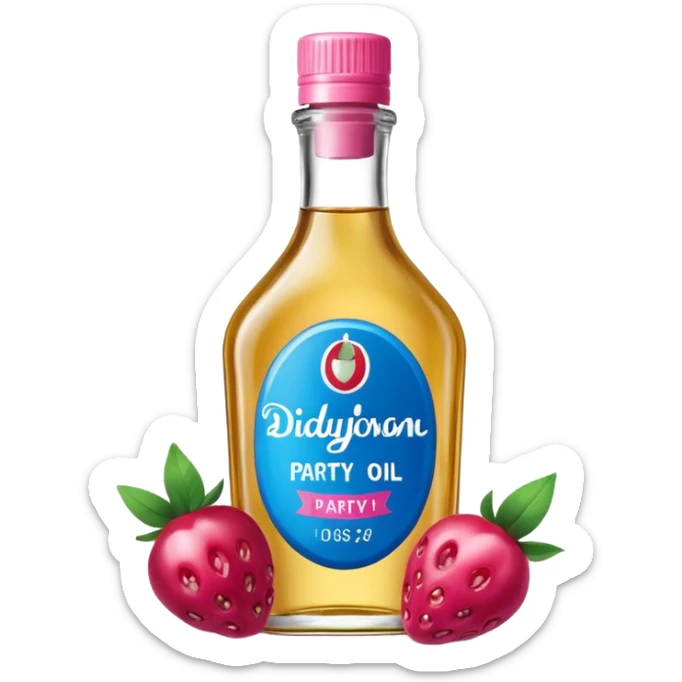 bottle of oil blue top pink outside with logo that says Diddy Party oil Johnson and Johnson  brand with a smiling berry on top sticker