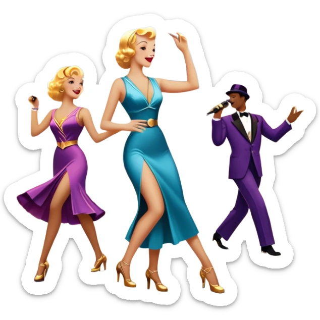 Vintage movie poster-style icon for a musical film. A vibrant street scene with bright lights, dancers mid-step, a singer with a microphone, and a jazz band playing. The cityscape glows in the background, evoking the golden era of musicals. Transparent background. sticker