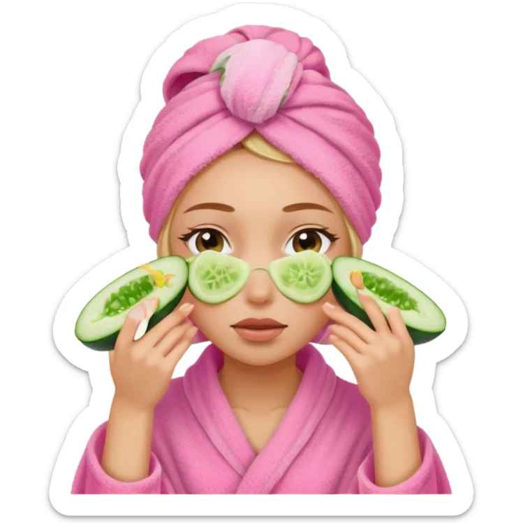 Girl with pink towel in hair cucumber slices covering eyes sticker