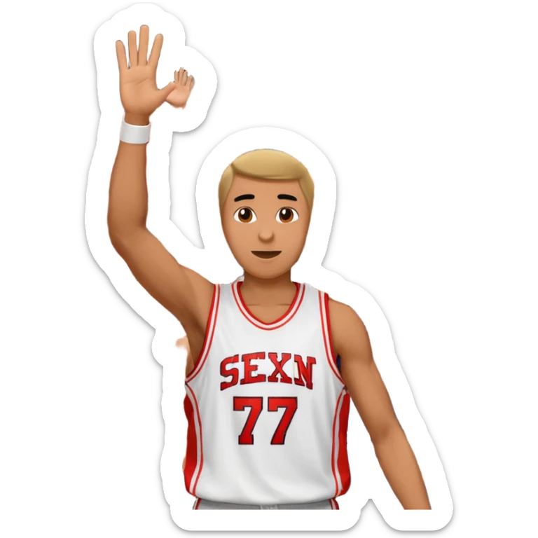 Maverick Trevillian in the crowd at an amateur basketball game. He leans towards the camera and enthusiastically shouts "six seven while performing a distinctive hand gesture: both hands open, palms facing upward, moving up and down as if weighing two options. sticker