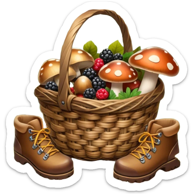 Icon for Mushroom and Berry Tourism: a basket filled with mushrooms and berries, surrounded by forest elements like trees, leaves and a hiking boots. The icon should capture the joy of foraging in nature. Transparent background. sticker
