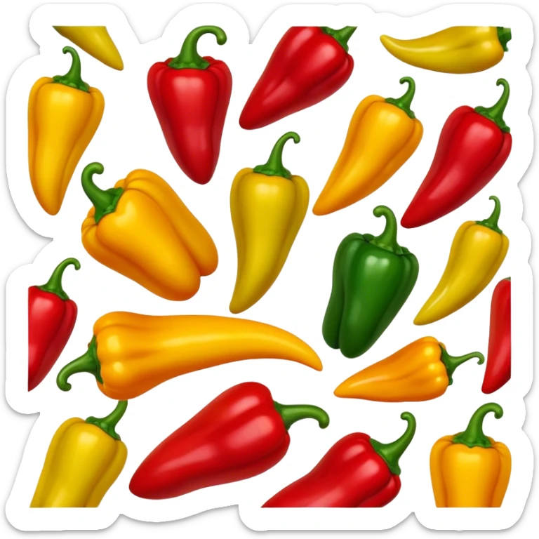 Cinematic bright colorful peppers, glossy and fresh, arranged in a vibrant mix of red, yellow, and green, warm glowing background, fresh and lively. sticker