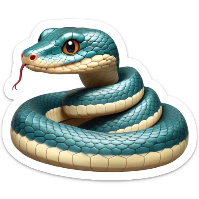 Cinematic Cute Chinese Water Snake Portrait Emoji, Head tilted playfully and inquisitively, with a compact, lithe form and a smooth, shimmering coat in subtle aquatic hues, round, sparkling eyes filled with curious fluidity, Simplified yet irresistibly adorable features, highly detailed, glowing with a warm, friendly glow, high shine, affectionate and agile, stylized with a touch of aquatic whimsy, soft glowing outline, capturing the essence of a mischievous yet loving water snake that feels like it could slither out of the screen into your arms! sticker