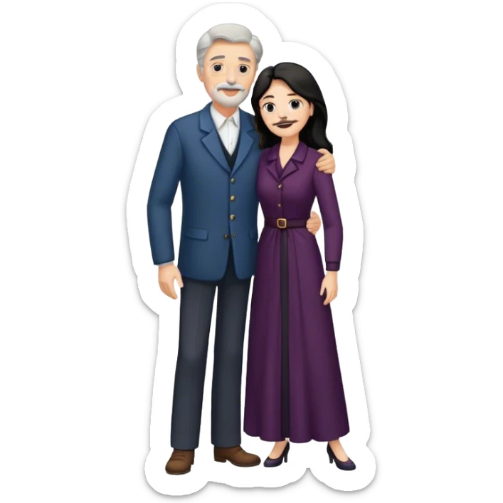 older couple, tall white man with brown hair goatee mustache hugging a pale woman with long black hair, wearing elegant clothing sticker