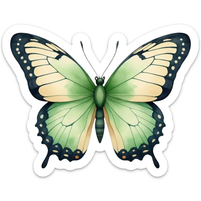 A minimalist watercolor illustration of a butterfly with green hues and fine details, set against a soft beige canvas.
 sticker