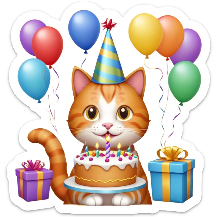 Ginger cat celebrates birthday, birthday hat, birthday cake, balloons, happy, gifts sticker
