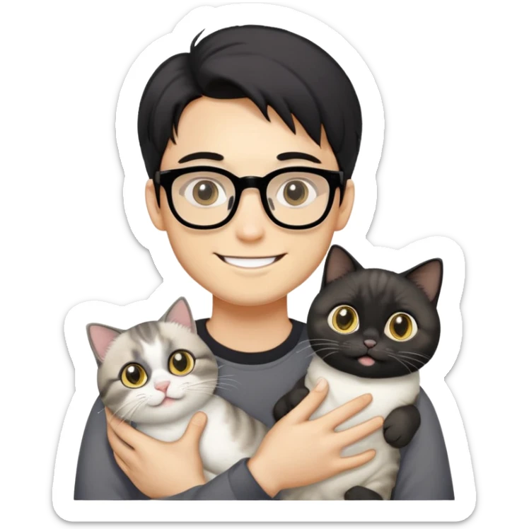 Young man with warm yellow-toned skin, long face, black back-length hair, large eyes, thin-rimmed square glasses, smiling gently while holding a grayish-white Munchkin cat with short legs and a gray patch under its mouth sticker