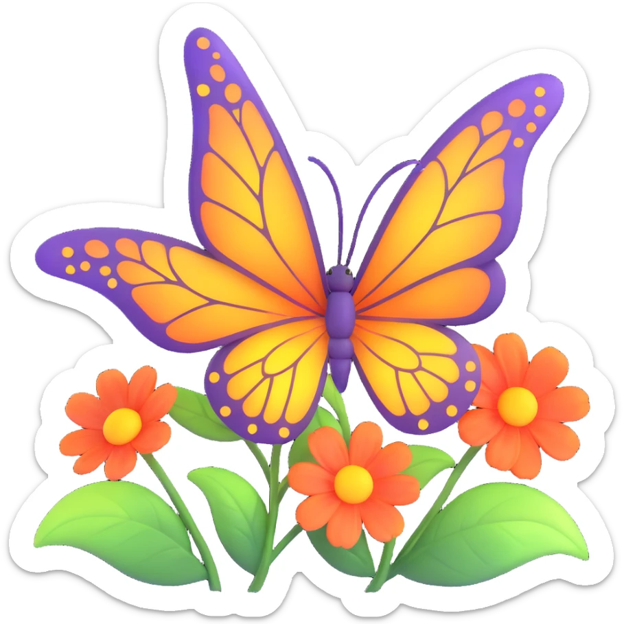 Add glowing leaves among the flowers and around the butterfly, maintaining the magical, 3D cartoon, digital fantasy art style. Keep the transparent background and all existing effects including flowers, glowing outlines, sparkling accents, magical particles, and elegant wings. sticker