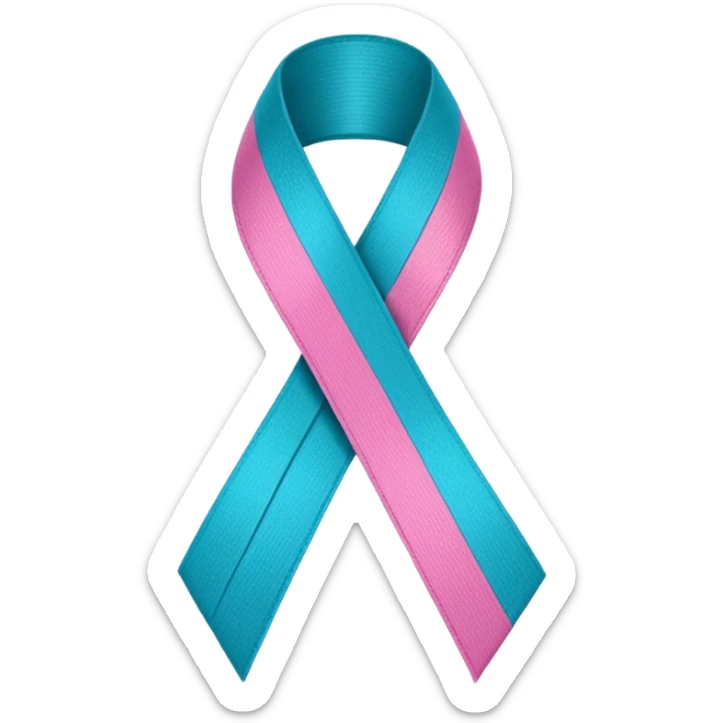 Thyroid cancer ribbon which has a blue strand, a pink strand and teal at the top where the ribbon crossed over sticker