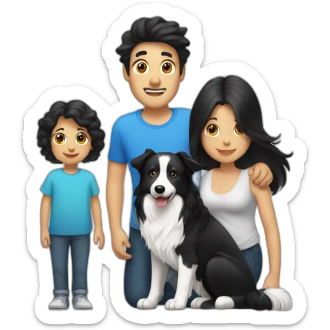 Family formed by a White man and a White woman with long black hair and a baby and a small black border collie dog sticker