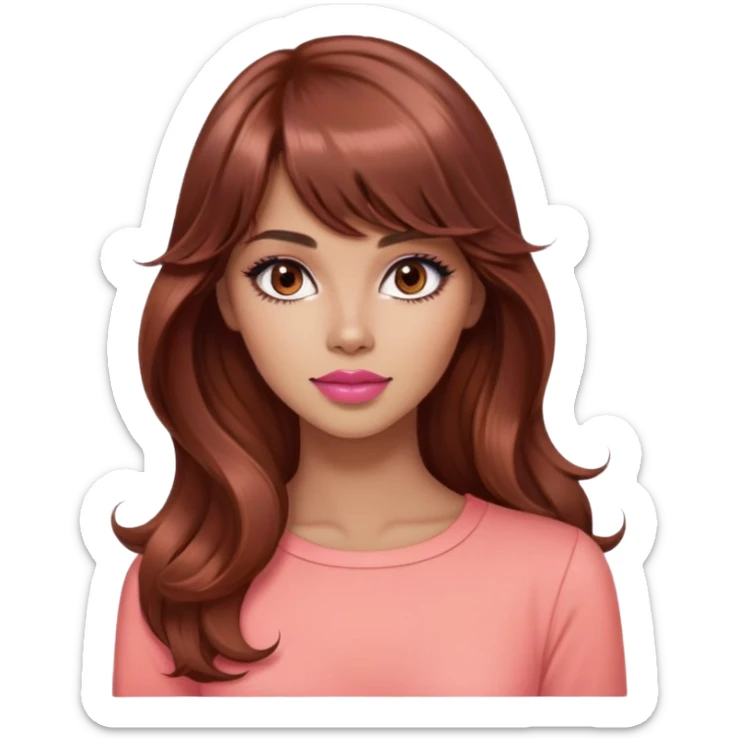 gorgeous woman, light tan skin, dark brown eyes, very long wavy auburn hair, bangs, pink top, coral lipstick, cool, model sticker