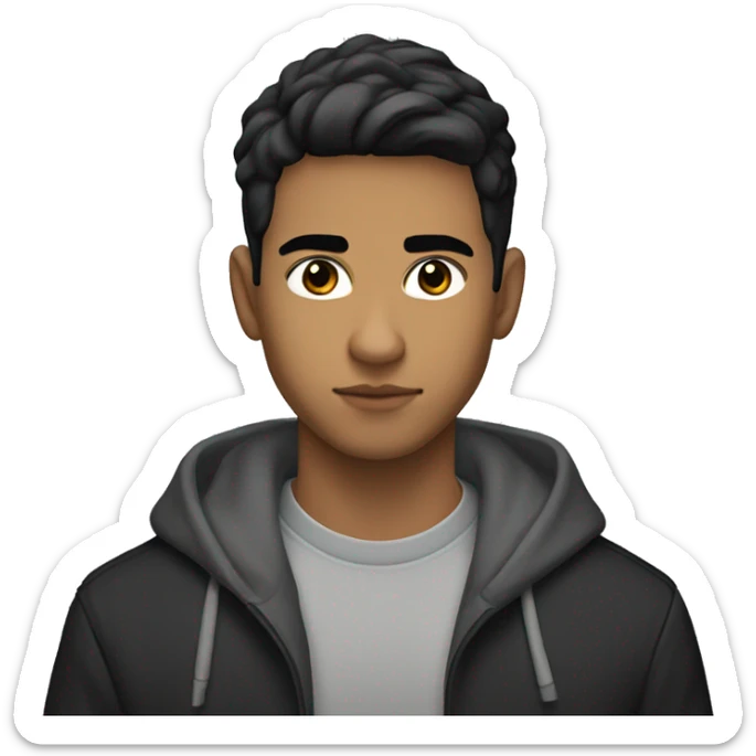 25-year old latino, light-brown skin, with black eyes and short hair, wearing a hoodie with a black long coat sticker