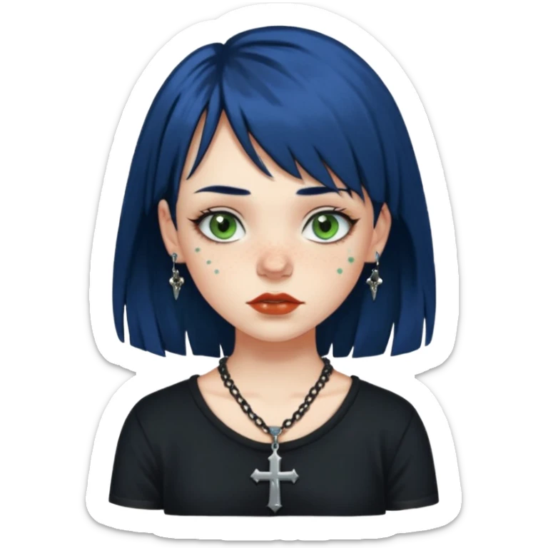 “Make an emoji of a girl with freckles on her cheeks, dark blue hair, greenish-brown eyes (more on the green side), black clothes, medium-sized lips, side curtain bangs, a punk cross necklace, and an Affliction shirt. sticker